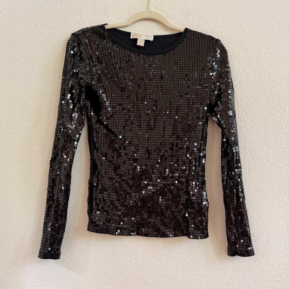 Michael Michael Kors Womens XS Black Sequin‎ Long Sleeve Crew Neck Top Sparkle - Picture 5 of 10